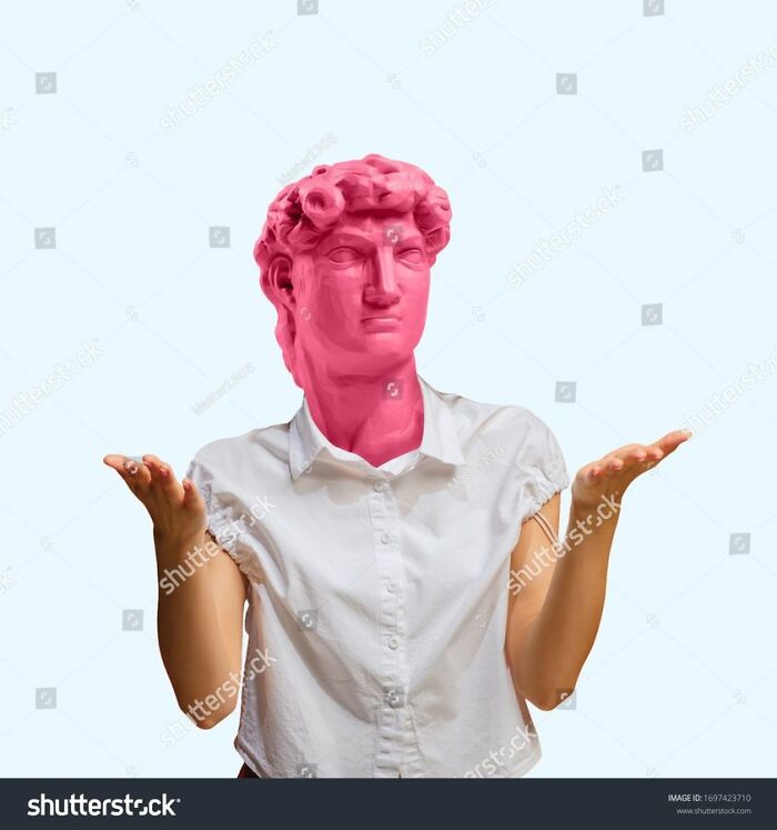 Person with a pink statue head in a white shirt, exemplifying weird stock images.