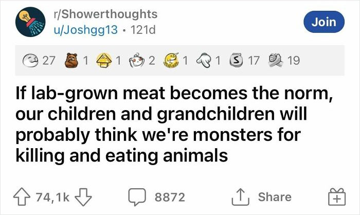 Reddit post from r/Showerthoughts about lab-grown meat and future perceptions of eating animals; 74.1k likes, 8872 comments.