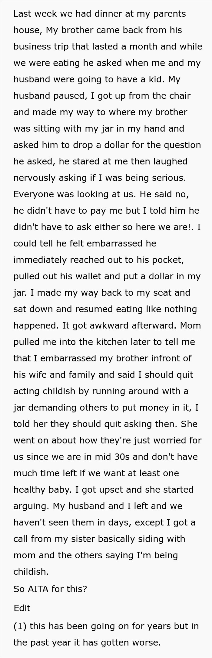 Family Calls This Woman A Jerk For Asking Them For A Dollar Every Time They Mention Her Not Having Kids