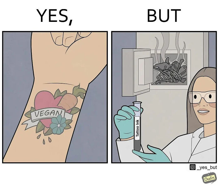 Sarcastic comic showing a vegan tattoo on arm and a scientist burning tattoo ink, highlighting funny contradictions.
