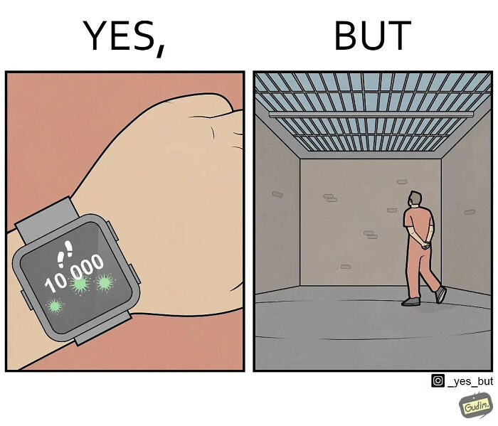 Sarcastic comic showing contradiction with a smartwatch counting steps versus a person walking in a prison cell.