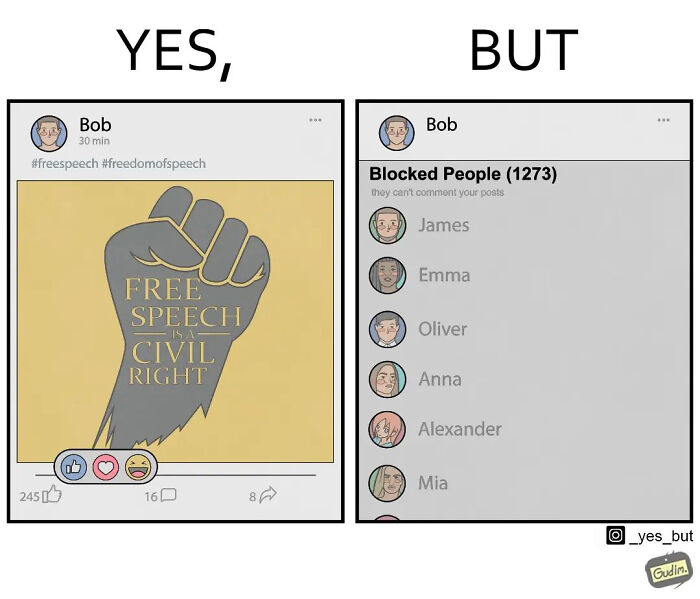 Sarcastic comic showing contradiction between supporting free speech and blocking people on social media posts.