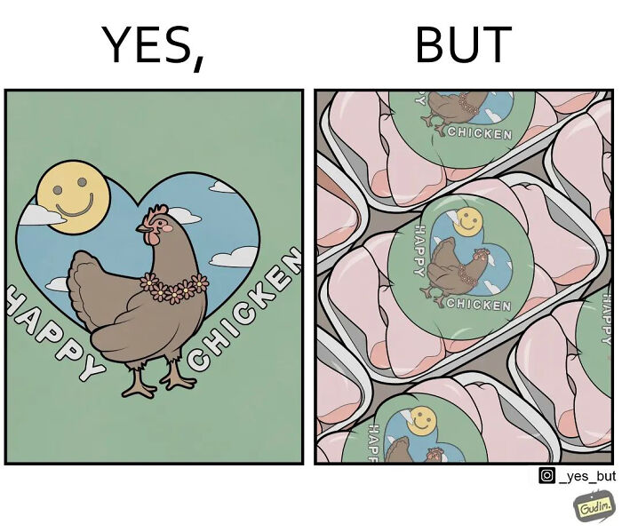 Sarcastic comic showing a happy chicken in nature contrasted with packaged chicken meat in plastic trays.