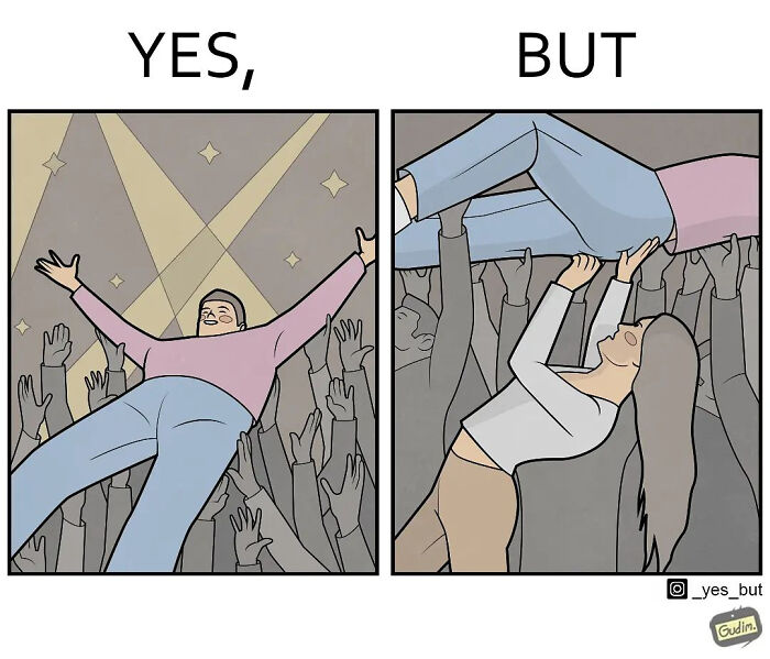 Sarcastic comic showing a crowd surfing scene with a funny contradiction in support and refusal gestures.