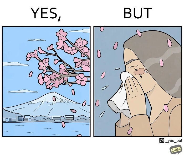 Sarcastic comic showing contrast between beautiful cherry blossoms and a person sneezing due to allergies outdoors.