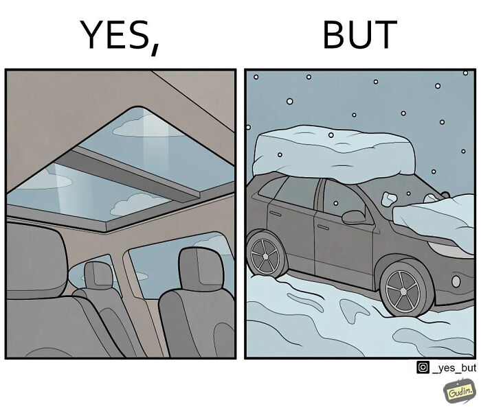 Sarcastic comic showing a contrast between a clear car interior with sunroof and a snow-covered car exterior.
