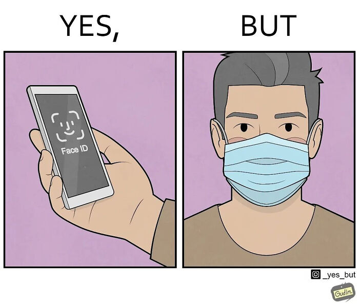 Sarcastic comic contrasting facial recognition phone unlocking with a person wearing a mask blocking Face ID access.
