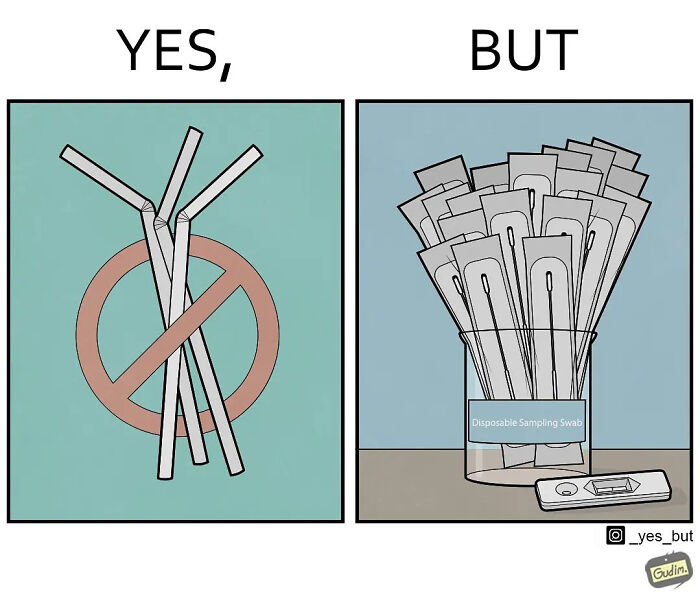 Sarcastic comic showing a contradiction between banning straws and using numerous disposable sampling swabs.