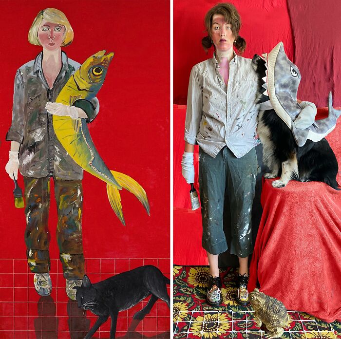 Self-Portrait With Fish And Cat, 1970 By Joan Brown vs. Self-Portrait With Shark And Frog, 2021