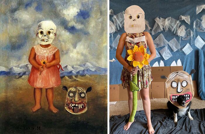 Girl With Death Mask, 1938 By Frida Kahlo vs. Girl With Finn Mask, 2021