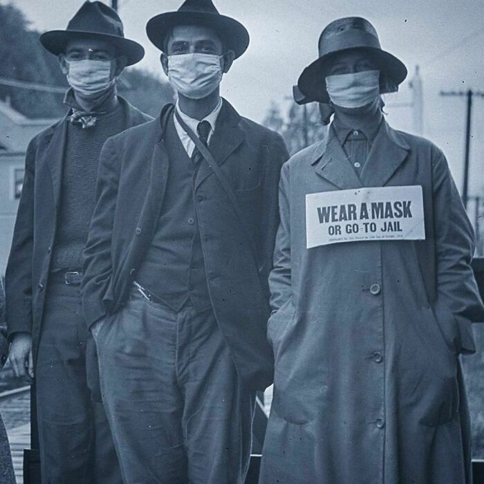 3 People Pose For A Photo Whilst Wearing Face Masks During The Second Wave Of The Spanish Flu In California; 1918