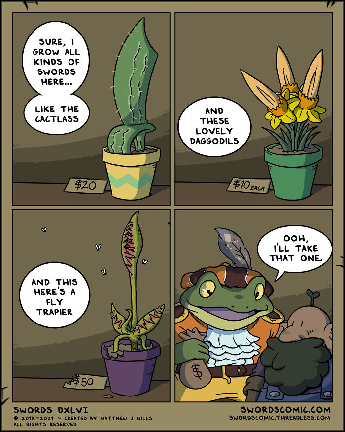 Comic artist's fantasy creatures comic featuring a frog character selling sword-shaped plants named Cactlass and Daggodils.