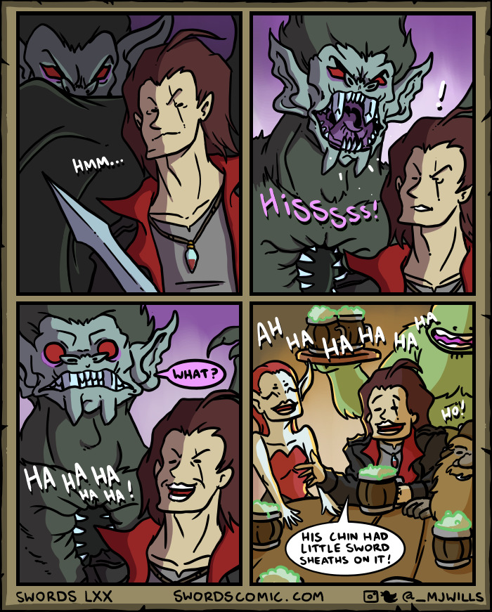 Comic panels showing fantasy creatures including dwarves and a vampire-like monster in a humorous tavern scene.