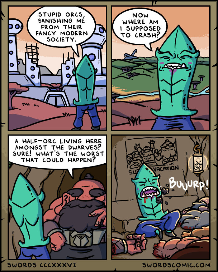 Comic panel featuring fantasy creatures including a half-orc and dwarves in a humorous comic about fantasy creatures.