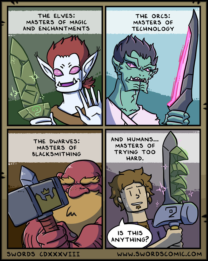 Comic panels showing fantasy creatures including dwarves, elves, orcs, and humans with weapons and magical skills.