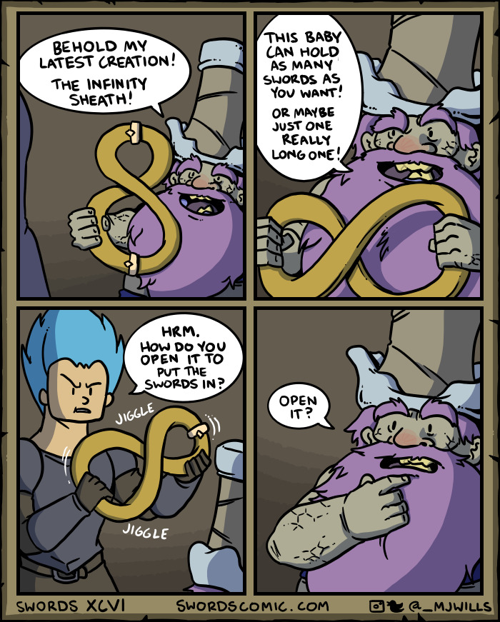 Comic panel showing a dwarf with a purple beard holding an infinity sheath, a fantasy creature comic about dwarves.