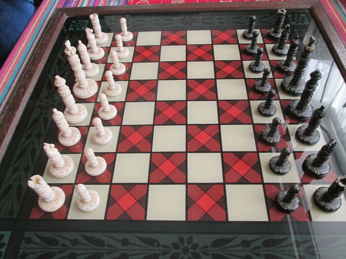 Painted Glass Chessboard And Ivory Set