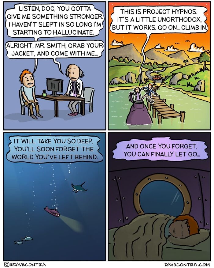 Comic panels by Dave Contra depicting a dark twist where hypnos therapy leads to deep underwater escape and letting go.