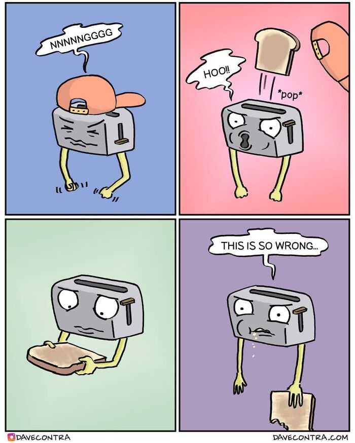 Comic panels showing a toaster with arms and a hat reacting with surprise and horror to a slice of bread popping out, dark twist humor.
