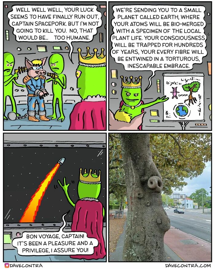 Comic panels featuring a dark twist with aliens sending a captive to Earth, paired with a tree oddly shaped like an owl.