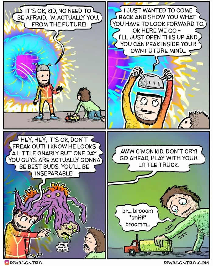 Comic panels showing a time-traveling figure and a child, with an unexpected dark twist in this Dave Contra comic strip.