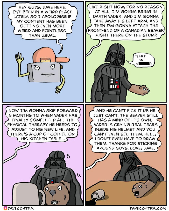 Comic panels by Dave Contra showing a dark twist with Darth Vader and a detached beaver arm in a surreal scene.