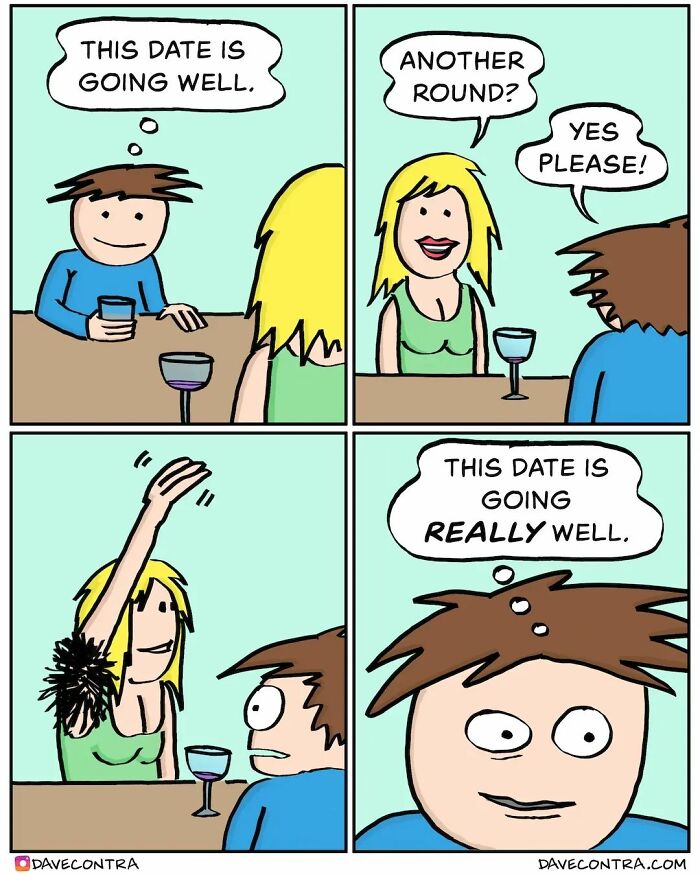 Comic panel from 24 comics with unexpectedly dark twists by Dave Contra showing a date with a surprising dark turn.