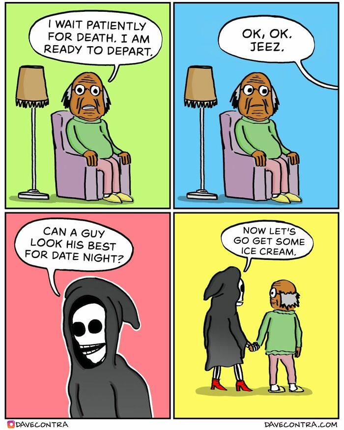 Comic panels featuring a man waiting for death and a dark twist with the Grim Reaper in a 24 comics by Dave Contra.
