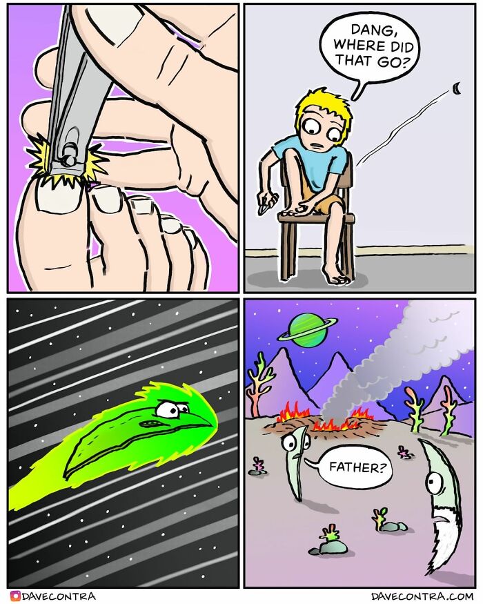 Comic panels by Dave Contra showing a dark twist with a lost nail clipping turning into a fiery space story.
