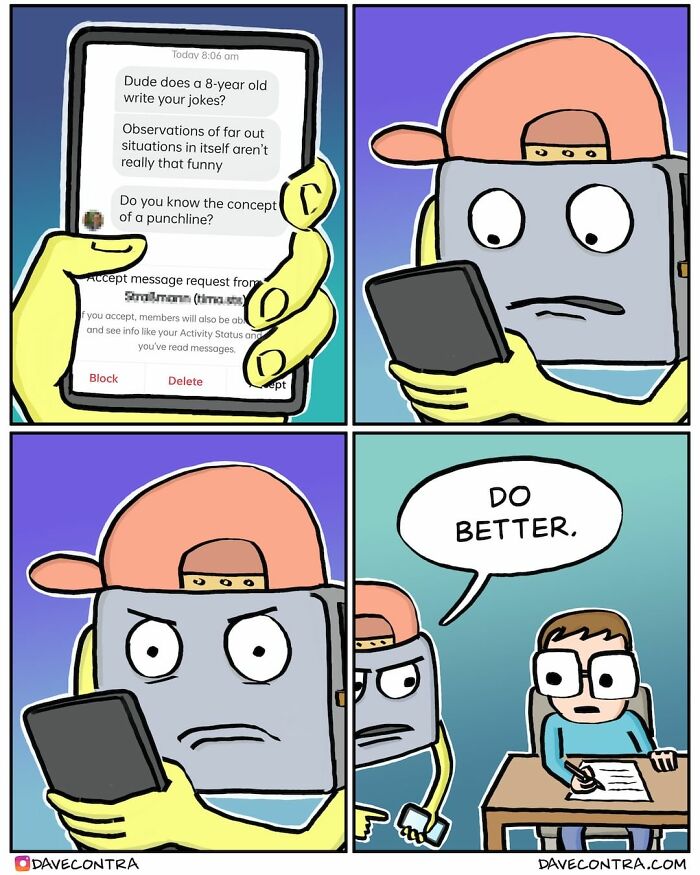 Comic panels showing a character reading harsh criticism on a phone, featuring dark twists in comics by Dave Contra.