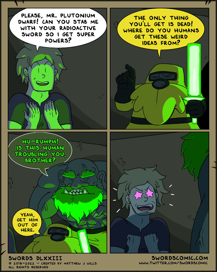 Comic artist's fantasy creatures comic featuring dwarves, a glowing sword, and a human seeking superpowers in four panels.