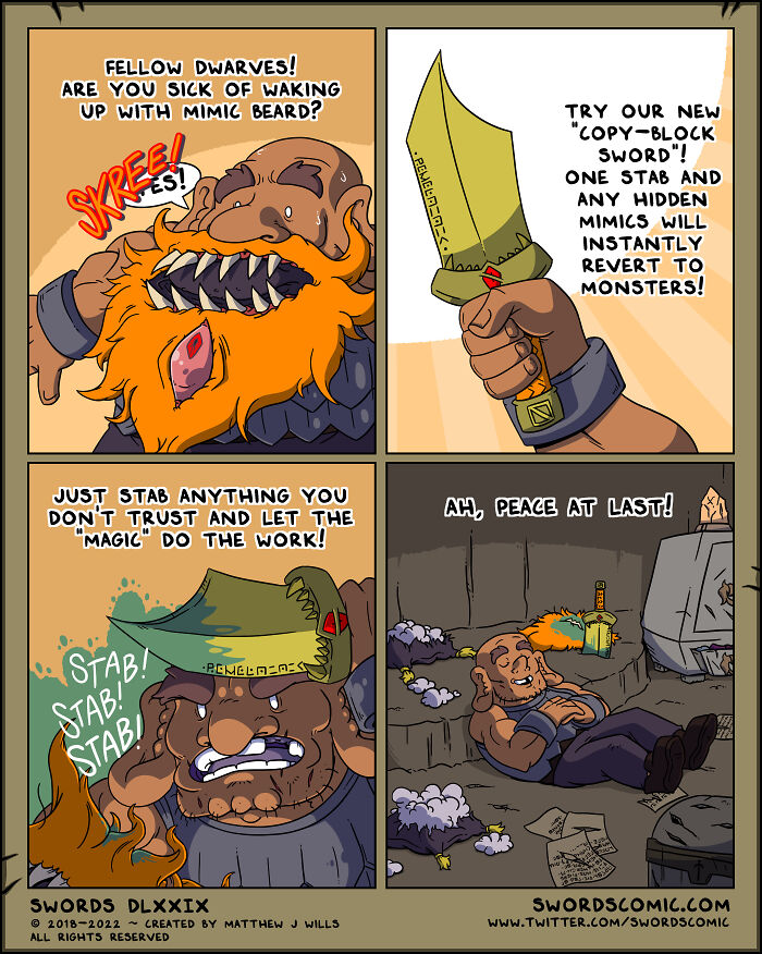 Comic panels featuring a dwarf using a magical sword to reveal and defeat mimic fantasy creatures in a humorous scene.