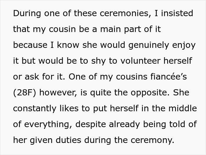 Relative’s Fiancée Steals A Precious Wedding Ceremony Moment From The Bride And Her Younger Cousin, Woman Calls Her Out And Gets Judged Relative’s Fiancée Steals A Precious Wedding Ceremony Moment From The Bride And Her Younger Cousin, Woman Calls Her Out And Gets Judged