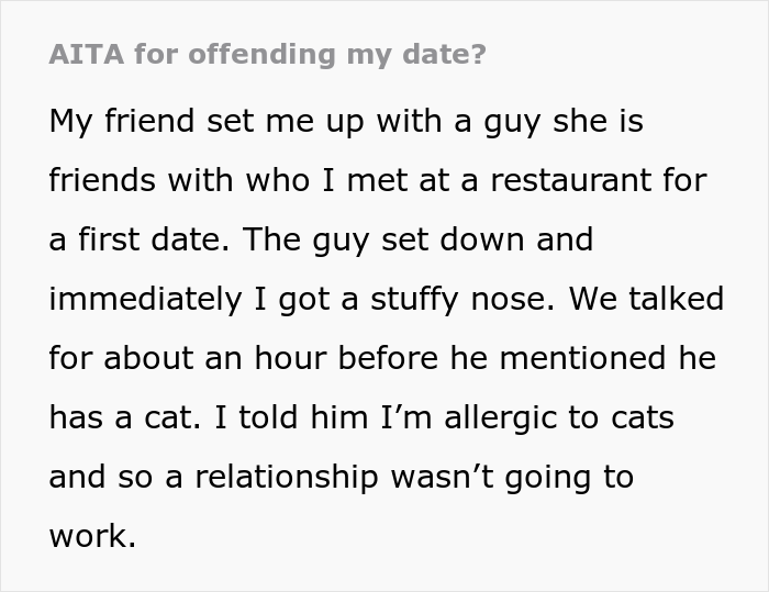 Person That Suffers From Allergy Went On A Date With A Cat Owner, Guy Caused A Scene When Told The Relationship Wasn&rsquo;t Going To Work