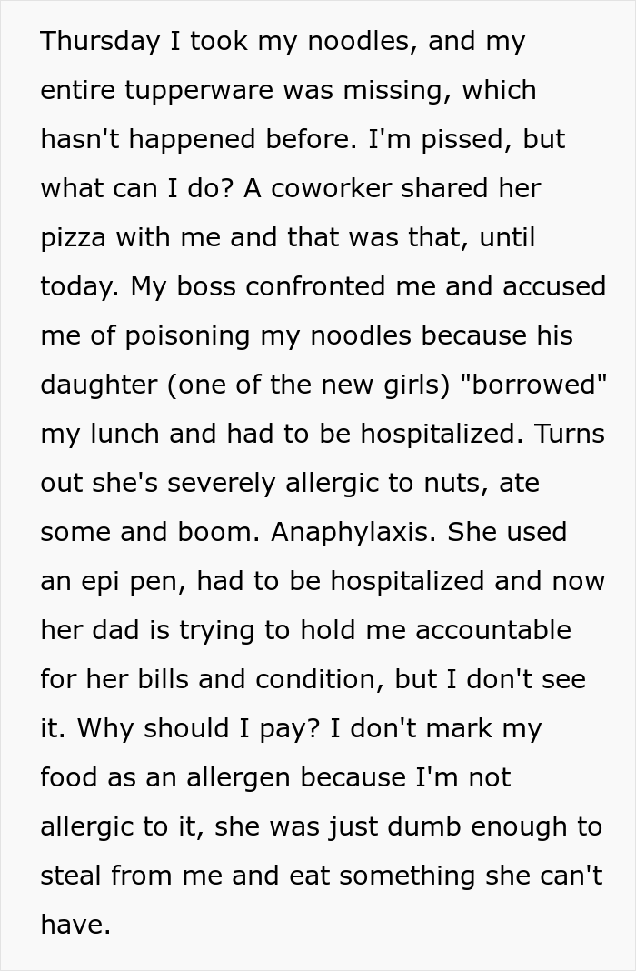 Person's Lunch Keeps Getting Stolen At Work Until Boss' Daughter Goes Into Anaphylactic Shock, They Are Then Accused Of 'Poisoning' Their Own Food