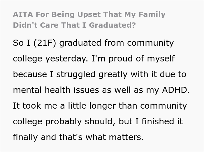 Woman Graduates From Community College But Her Family Thinks It's Nothing Compared To Her Cousins' University Degrees, Drama Ensues