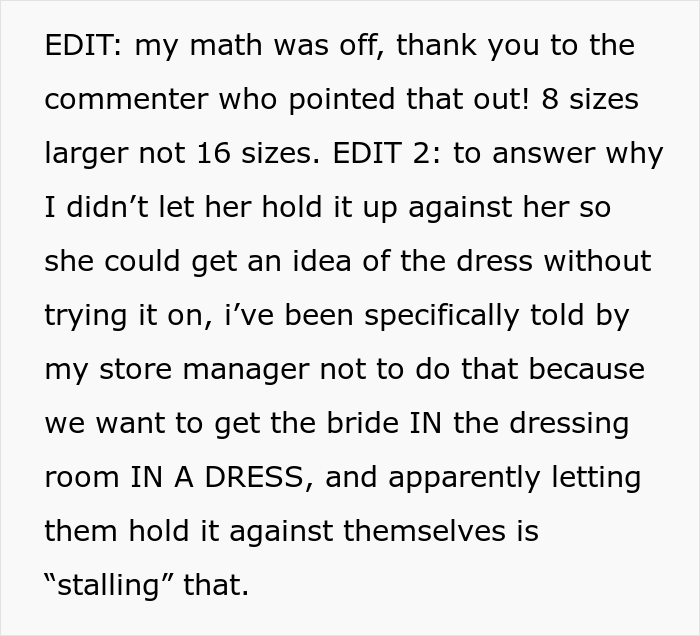 Size 30 Bride Demands To Try On A Size 14 Wedding Dress, Saleswoman Asks If She Was A Jerk To Give Her A Reality Check Size 30 Bride Demands To Try On A Size 14 Wedding Dress, Saleswoman Asks If She Was A Jerk To Give Her A Reality Check