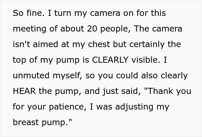 Employee Informs Meeting's Lead She's Using A Breast Pump And Won't Turn On Her Camera But They Insist So She Maliciously Complies Employee Informs Meeting's Lead She's Using A Breast Pump And Won't Turn On Her Camera But They Insist So She Maliciously Complies