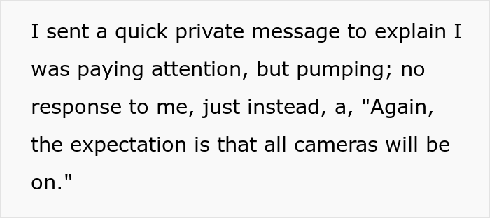 Employee Informs Meeting's Lead She's Using A Breast Pump And Won't Turn On Her Camera But They Insist So She Maliciously Complies Employee Informs Meeting's Lead She's Using A Breast Pump And Won't Turn On Her Camera But They Insist So She Maliciously Complies