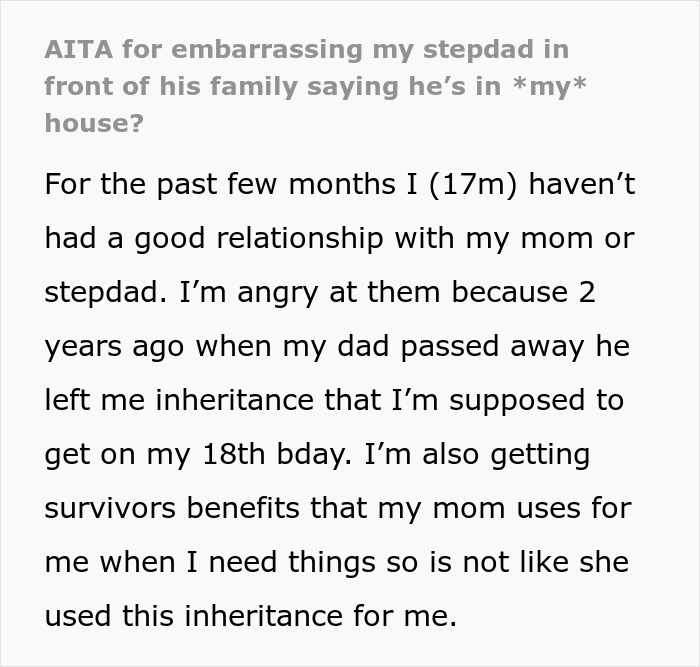 17 Y.O. Found Out Mom And Stepdad Purchased A House Using His Inheritance Money From Dad, Later Exposed The Man In Front Of His Visiting Family