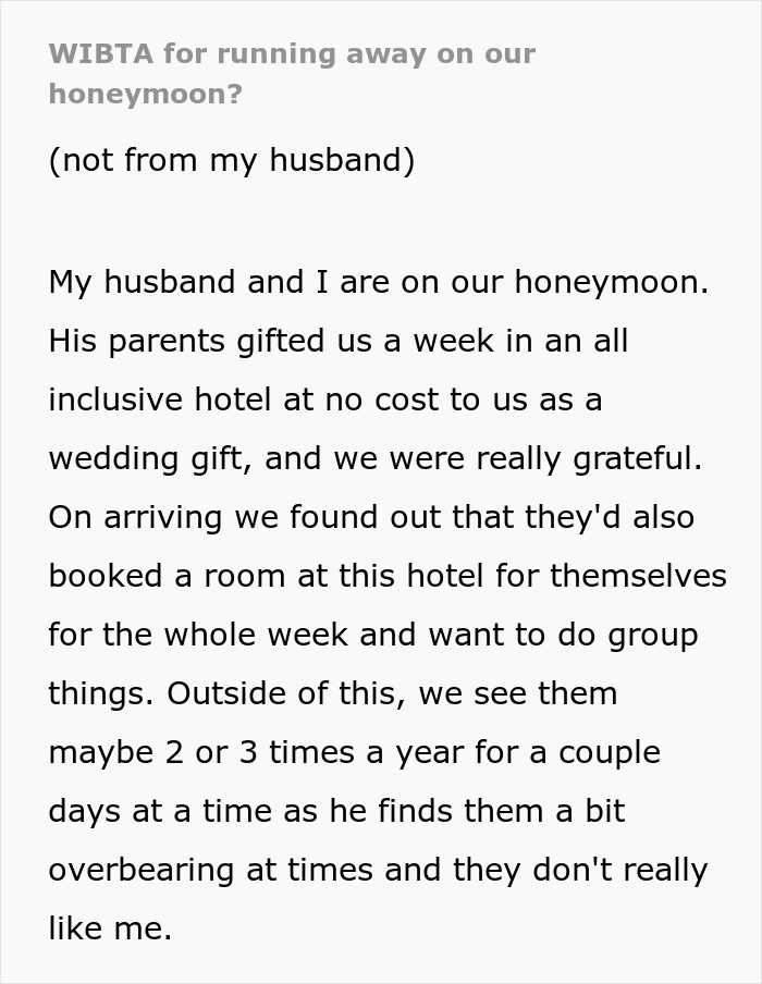 Newlyweds Are Surprised With All-Paid Honeymoon Getaway Trip, Find Out Groom's Parents Invited Themselves In, Drama Ensues After They Ask For Privacy Newlyweds Are Surprised With All-Paid Honeymoon Getaway Trip, Find Out Groom's Parents Invited Themselves In, Drama Ensues After They Ask For Privacy