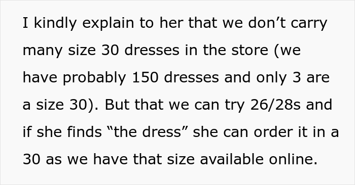 Size 30 Bride Demands To Try On A Size 14 Wedding Dress, Saleswoman Asks If She Was A Jerk To Give Her A Reality Check Size 30 Bride Demands To Try On A Size 14 Wedding Dress, Saleswoman Asks If She Was A Jerk To Give Her A Reality Check