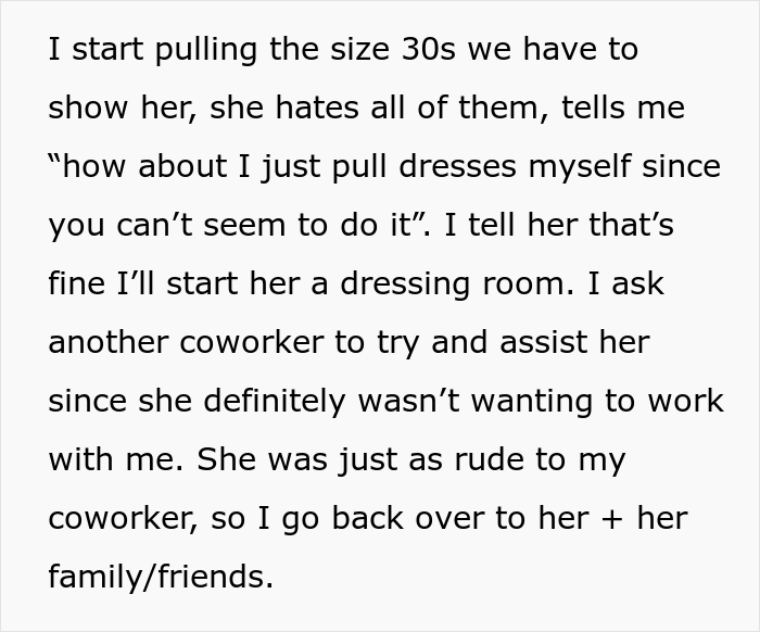 Size 30 Bride Demands To Try On A Size 14 Wedding Dress, Saleswoman Asks If She Was A Jerk To Give Her A Reality Check Size 30 Bride Demands To Try On A Size 14 Wedding Dress, Saleswoman Asks If She Was A Jerk To Give Her A Reality Check