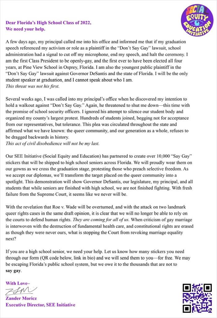 Gay Florida Student Brilliantly Outsmarts School Administration Who Censored His Grad Speech