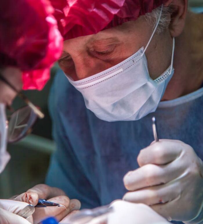 Two surgeons wearing masks and gloves focus intently while performing a surgery, illustrating bone-chilling surgery stories.