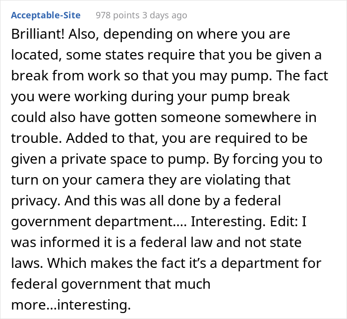 Employee Informs Meeting's Lead She's Using A Breast Pump And Won't Turn On Her Camera But They Insist So She Maliciously Complies Employee Informs Meeting's Lead She's Using A Breast Pump And Won't Turn On Her Camera But They Insist So She Maliciously Complies