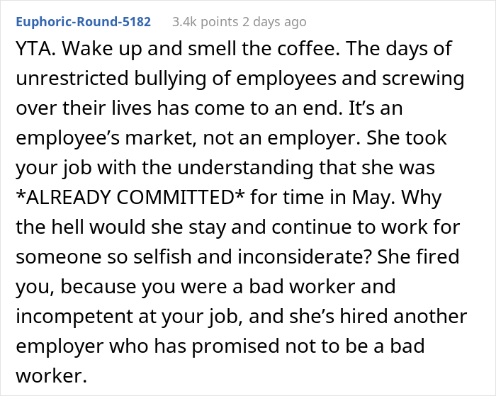 Boss Lies To New Hire About Accommodating Her Vacation Request, Is Flabbergasted When She Quits On The Spot
