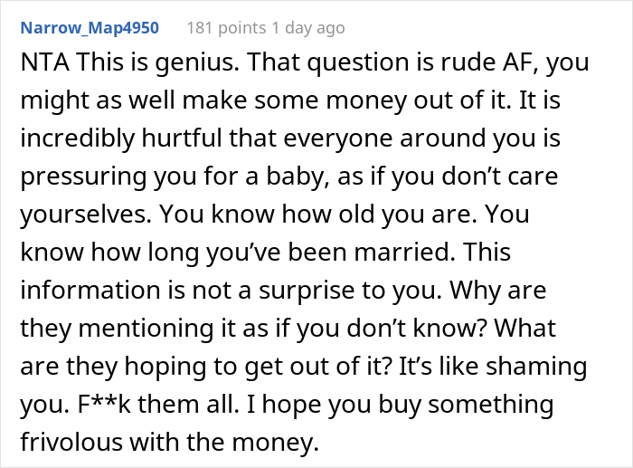 Family Calls This Woman A Jerk For Asking Them For A Dollar Every Time They Mention Her Not Having Kids