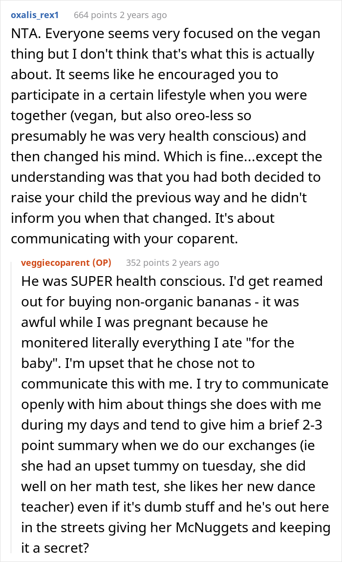 “AITA For Being Upset That My Ex-Husband Fed Our Vegan Daughter Chicken McNuggets” “AITA For Being Upset That My Ex-Husband Fed Our Vegan Daughter Chicken McNuggets”