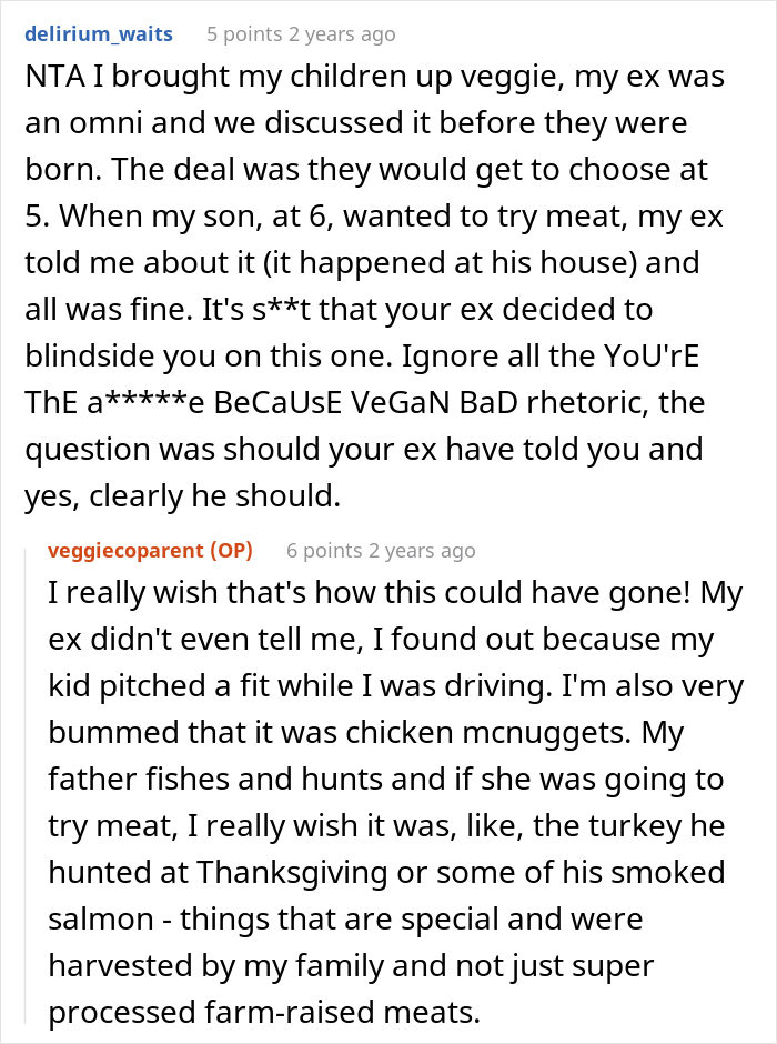 “AITA For Being Upset That My Ex-Husband Fed Our Vegan Daughter Chicken McNuggets” “AITA For Being Upset That My Ex-Husband Fed Our Vegan Daughter Chicken McNuggets”